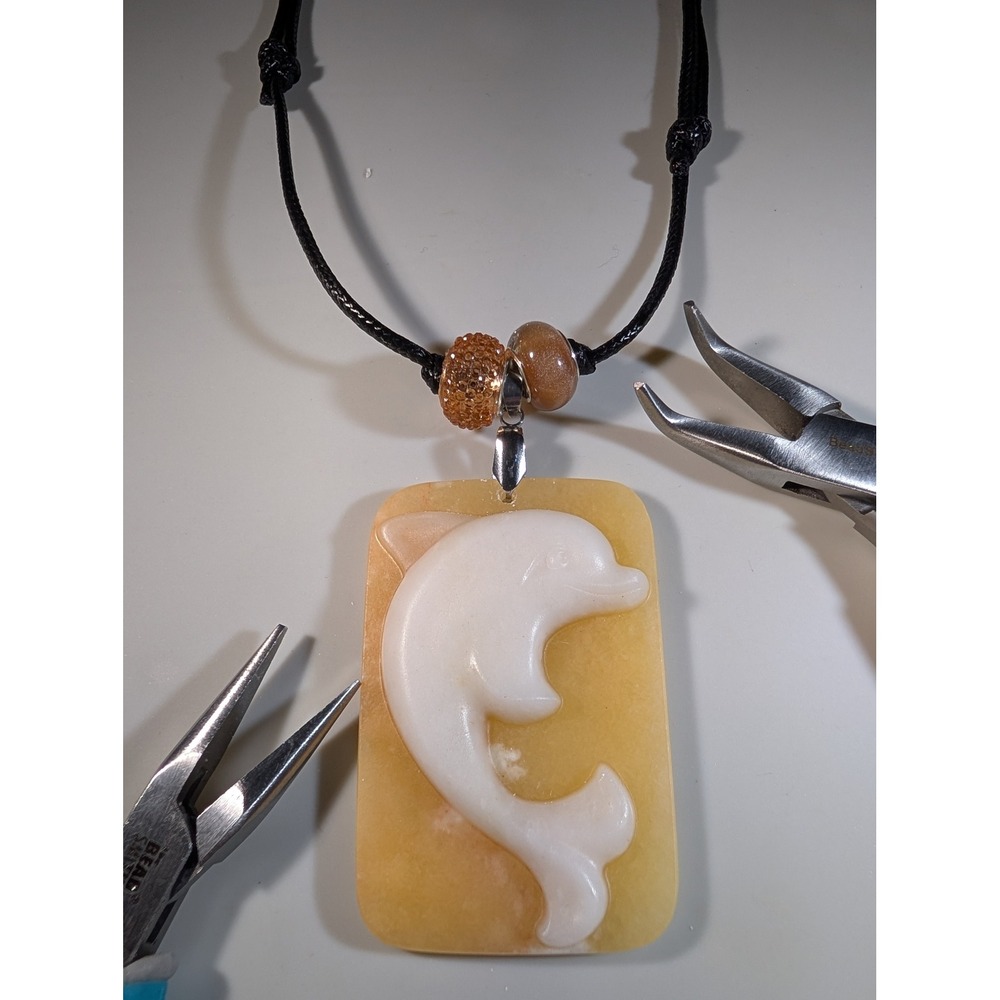 White Jade Dolphin Calcite Pendant Adjustable Cord Necklace Gemstone Jewelry